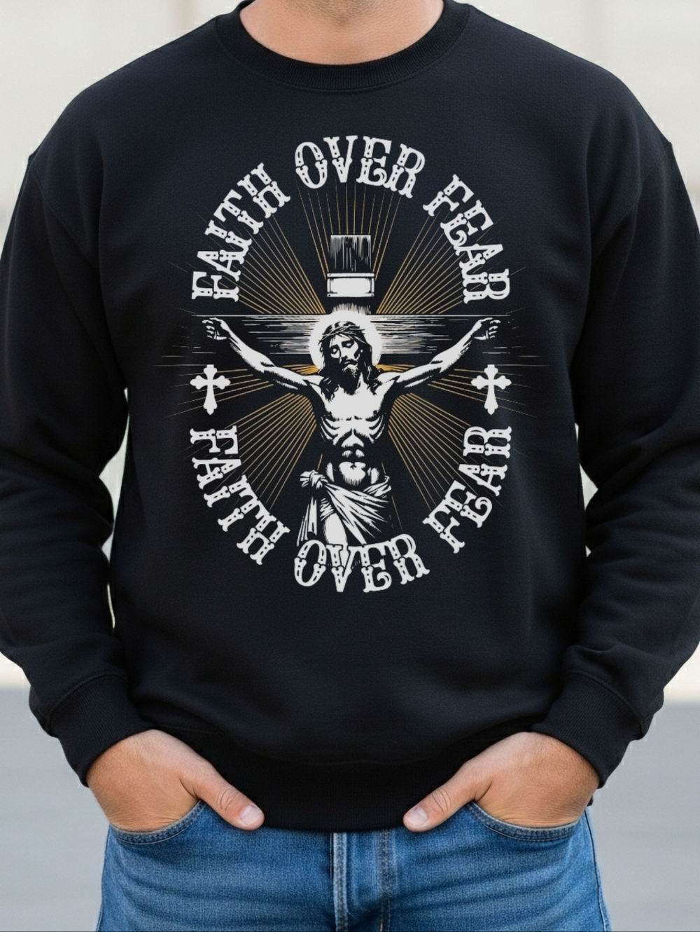 Gildan Black Crewneck Sweatshirt with White and Gold Religious Graphic